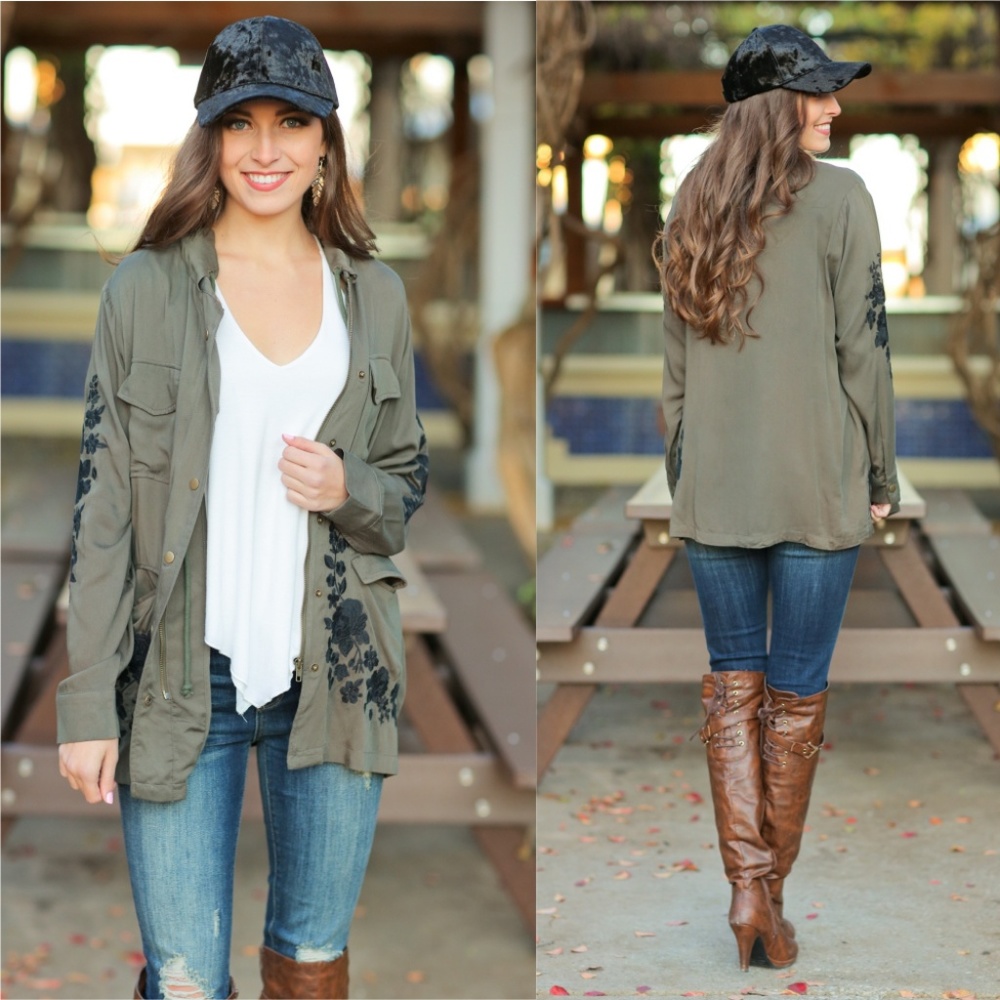 LAST ONE! Olive Embroidered ZIP Up Hoodie Jacket - Picture 2 of 4